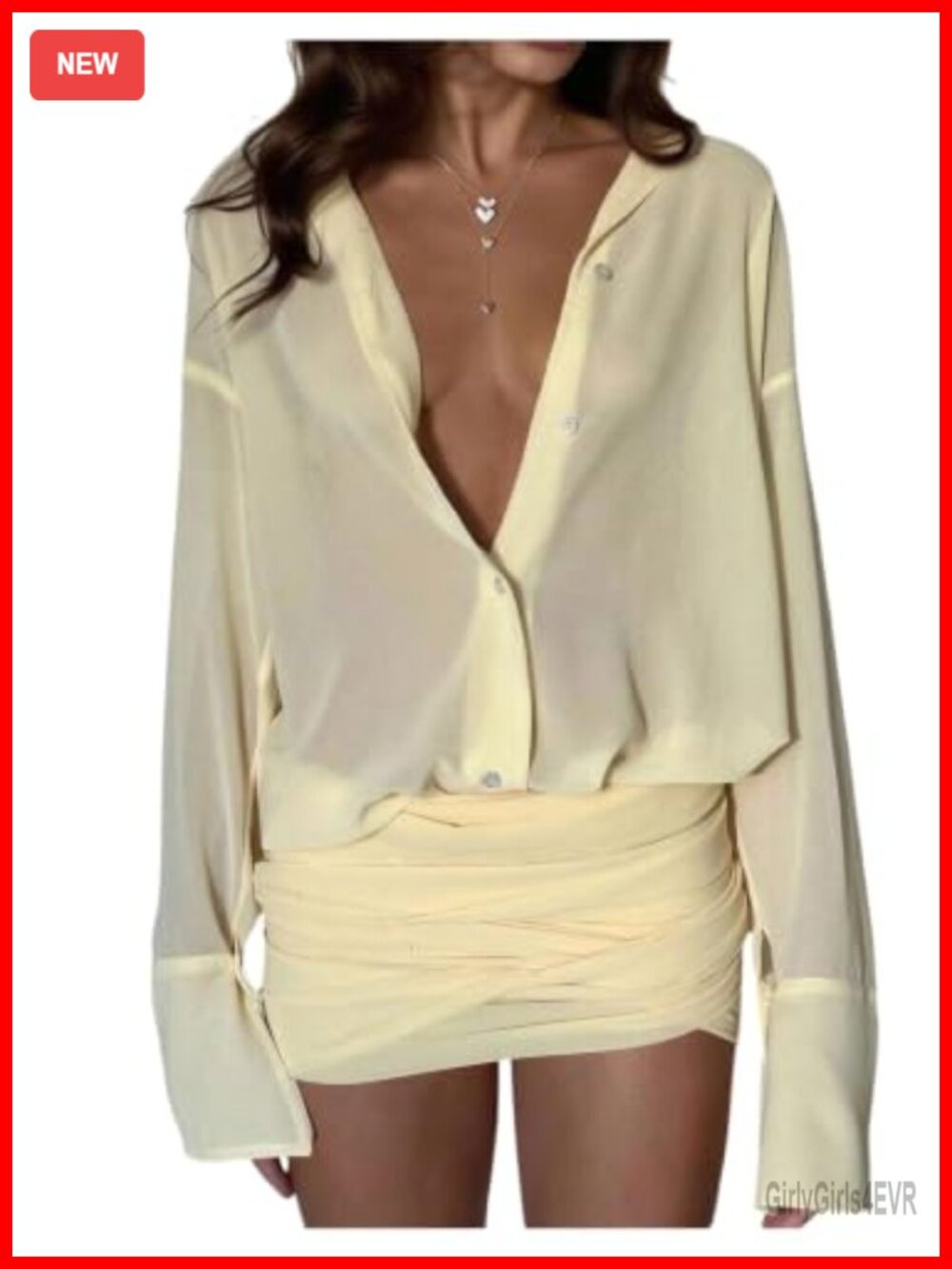 Women's Sheer Mesh Long Sleeve Button Up Mini Dress Ruched Collared